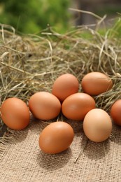 Photo of Fresh chicken eggs and dried hay on burlap fabric outdoors