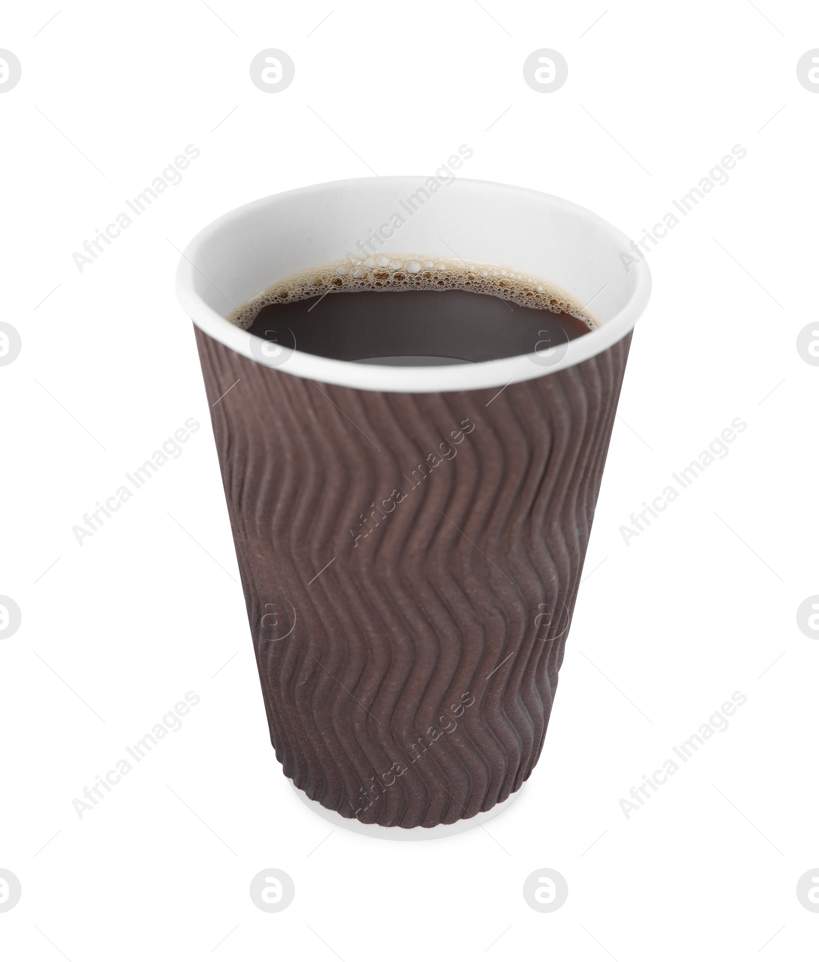 Photo of Brown paper cup with hot drink isolated on white. Coffee to go