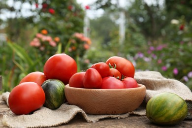 Photo of Many different ripe tomatoes on wooden table in garden