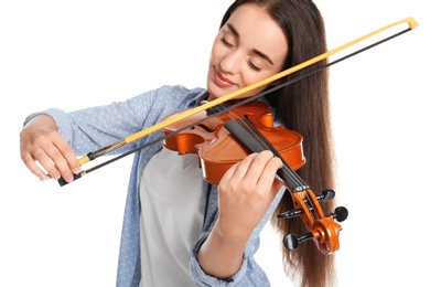 Beautiful woman playing violin on white background, focus on hand