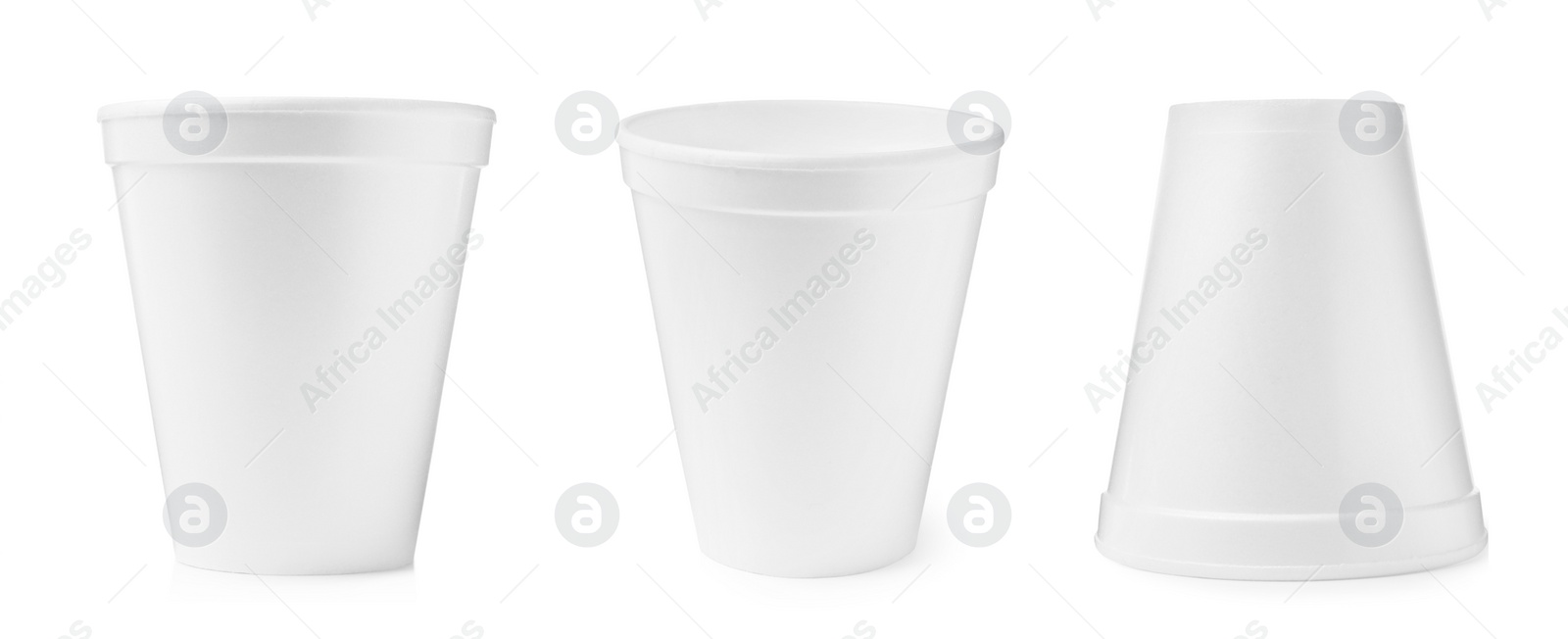 Image of Set with styrofoam cups on white background. Banner design