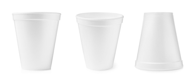 Image of Set with styrofoam cups on white background. Banner design