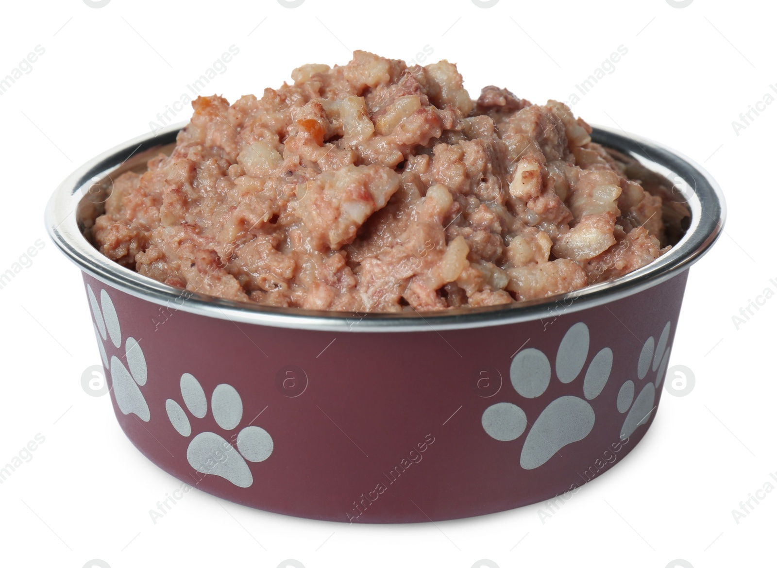 Photo of Wet pet food in feeding bowl isolated on white