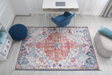 Stylish room with beautiful rug and furniture, above view. Interior design