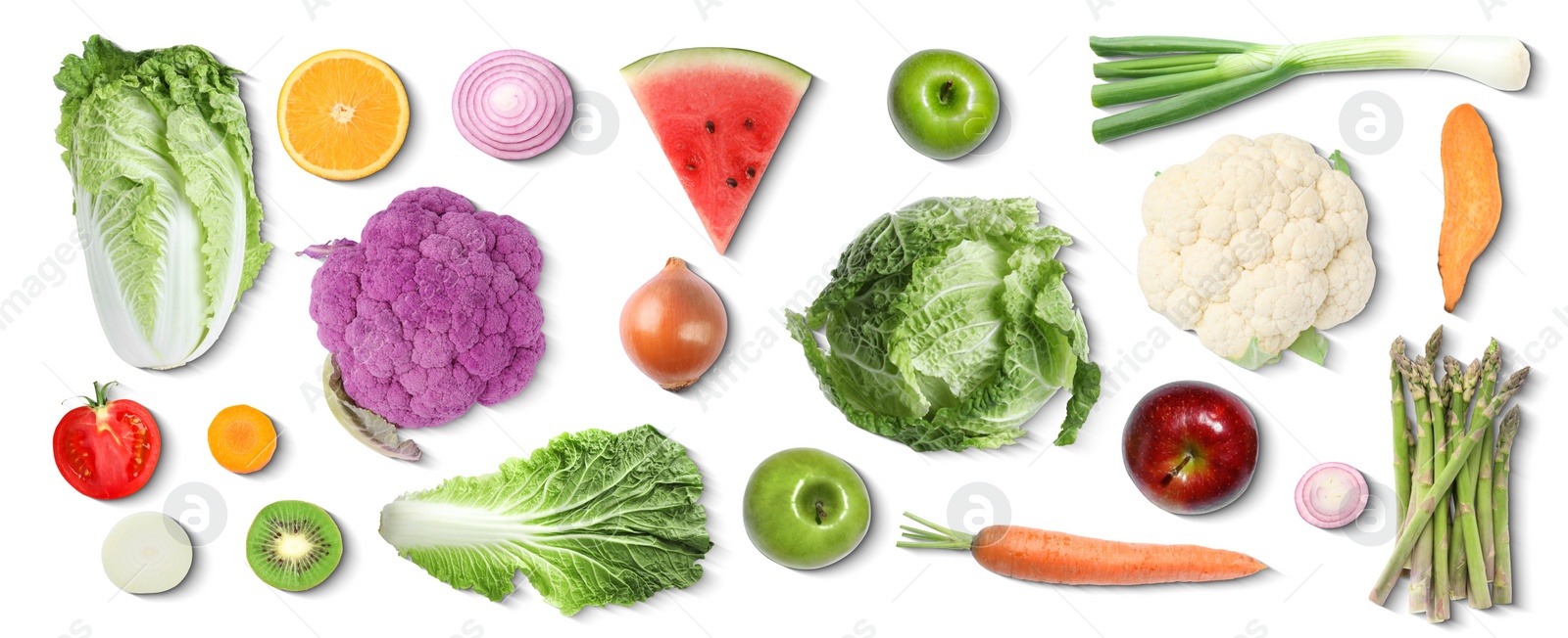 Image of Collage with many vegetables and fruits on white background, top view