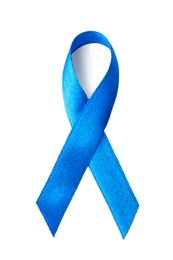 Photo of Blue ribbon on white background, top view. Colon cancer awareness concept