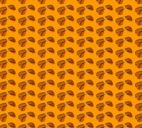 Many stylish sunglasses on orange background. Seamless pattern design