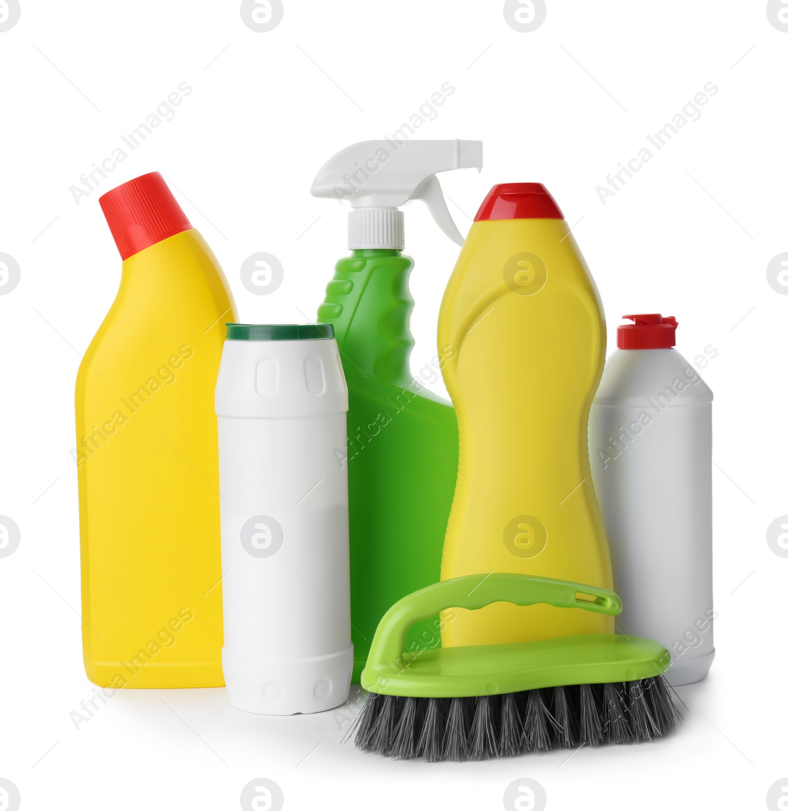 Photo of Set of different cleaning supplies on white background