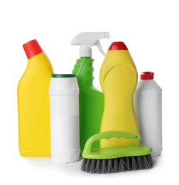 Set of different cleaning supplies on white background