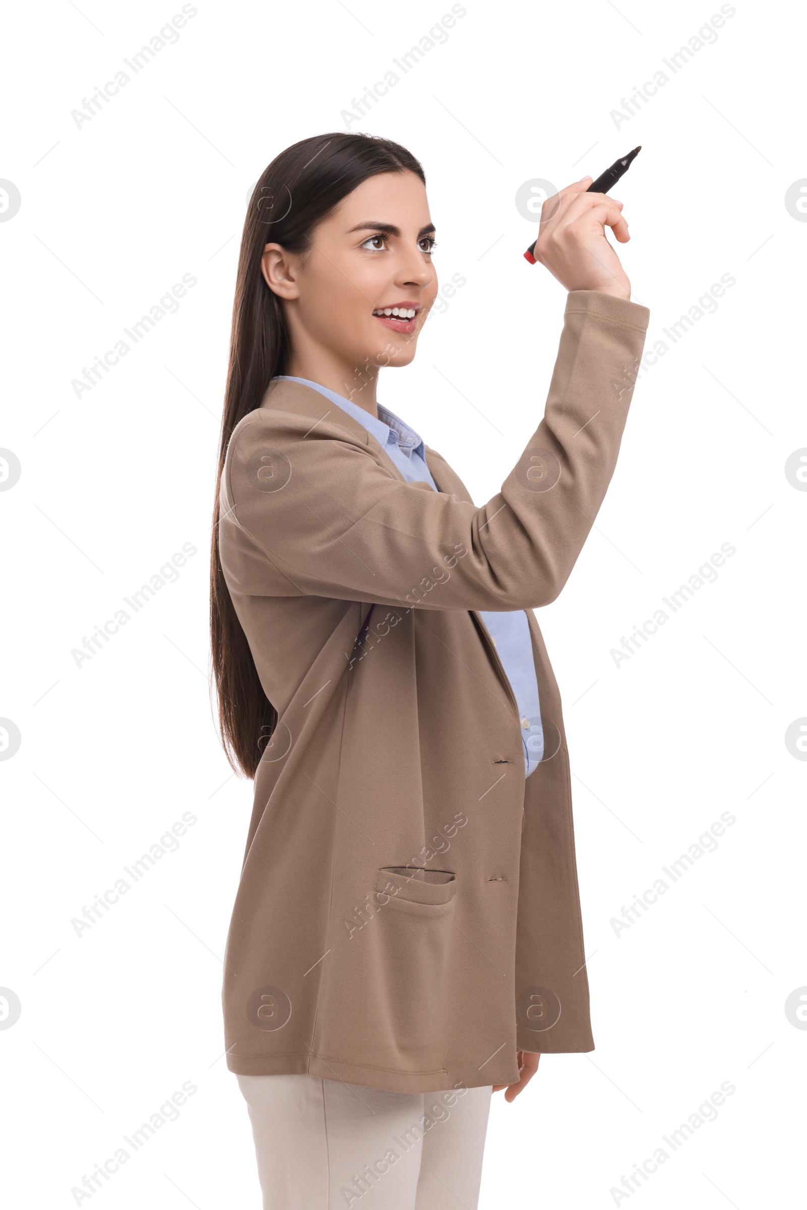 Photo of Beautiful happy businesswoman with marker on white background