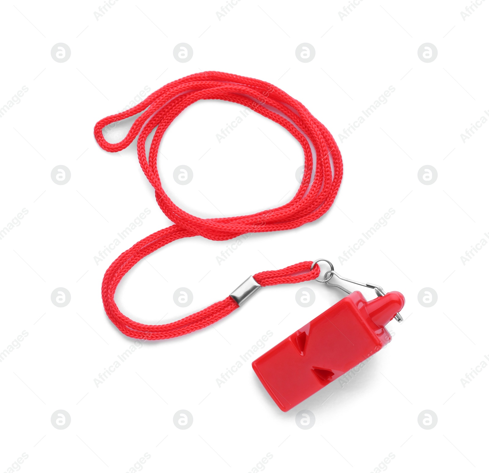 Photo of One red plastic whistle with cord isolated on white, top view