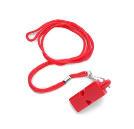 Photo of One red plastic whistle with cord isolated on white, top view