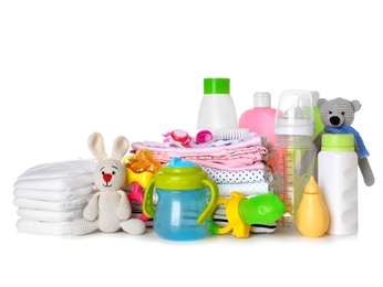 Photo of Set of baby accessories on white background