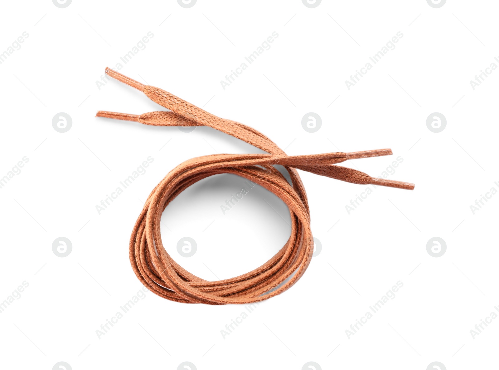 Photo of Brown shoe laces isolated on white, top view