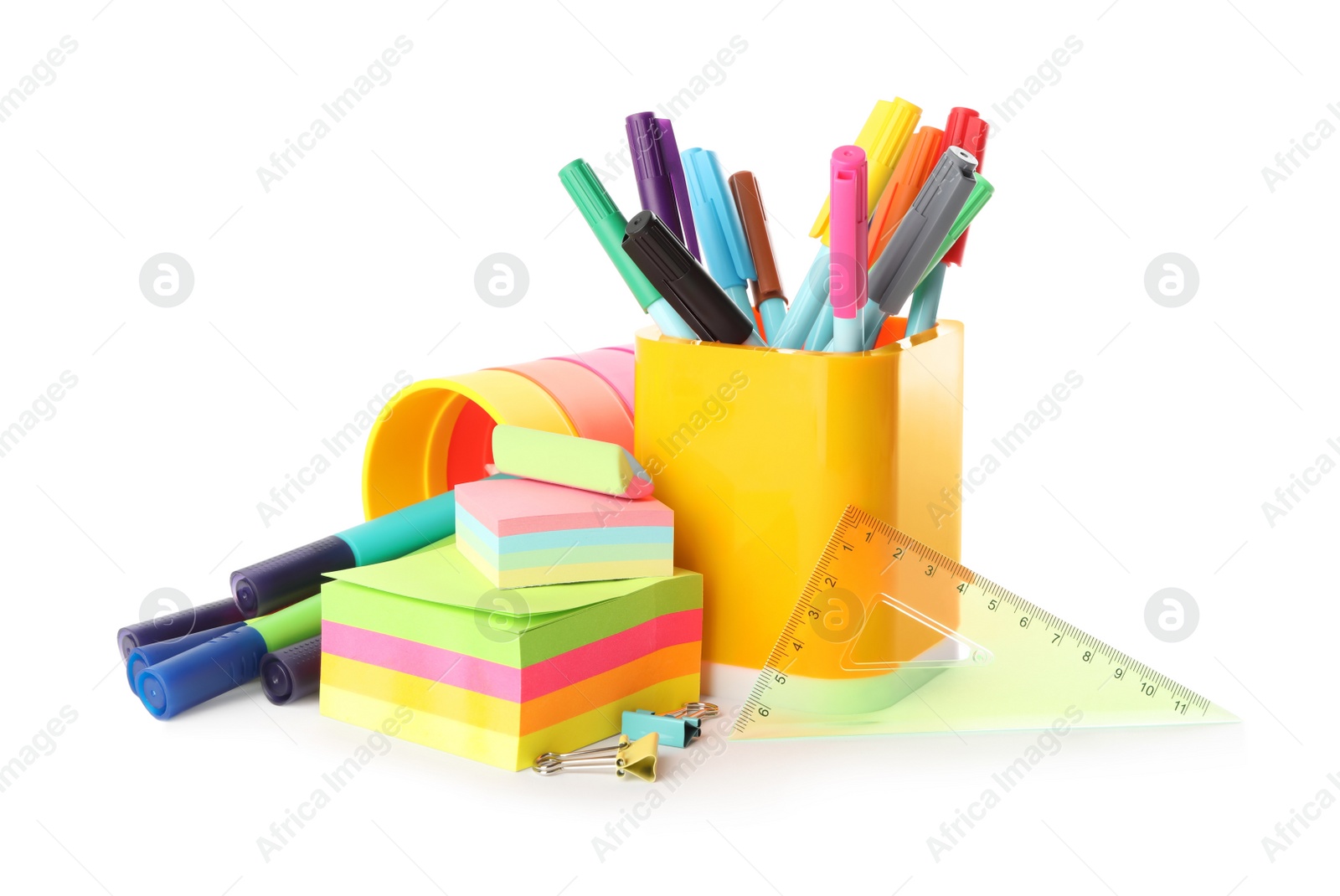 Photo of Set of different school stationery on white background