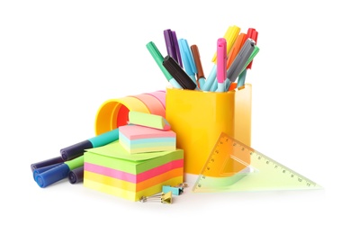 Photo of Set of different school stationery on white background