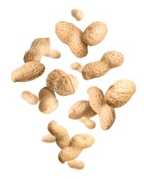 Image of Unpeeled peanuts in air on white background