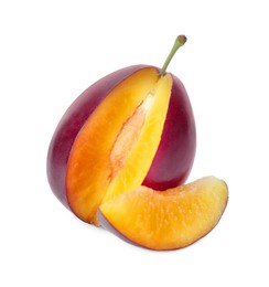 Fresh cut ripe plum on white background