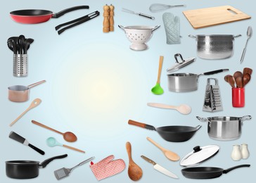 Image of Frame of different kitchenware on light blue background, space for text
