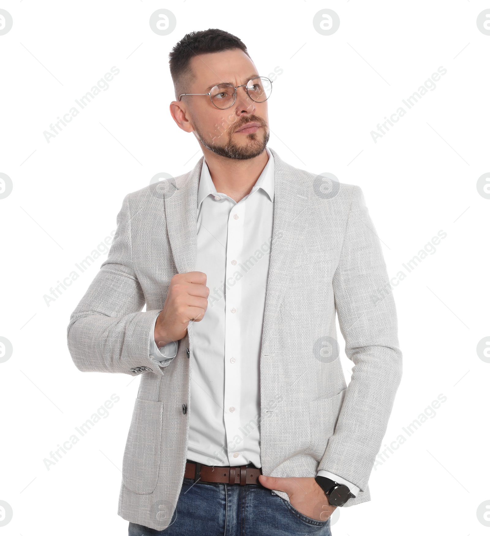 Photo of Confident businessman in glasses on white background