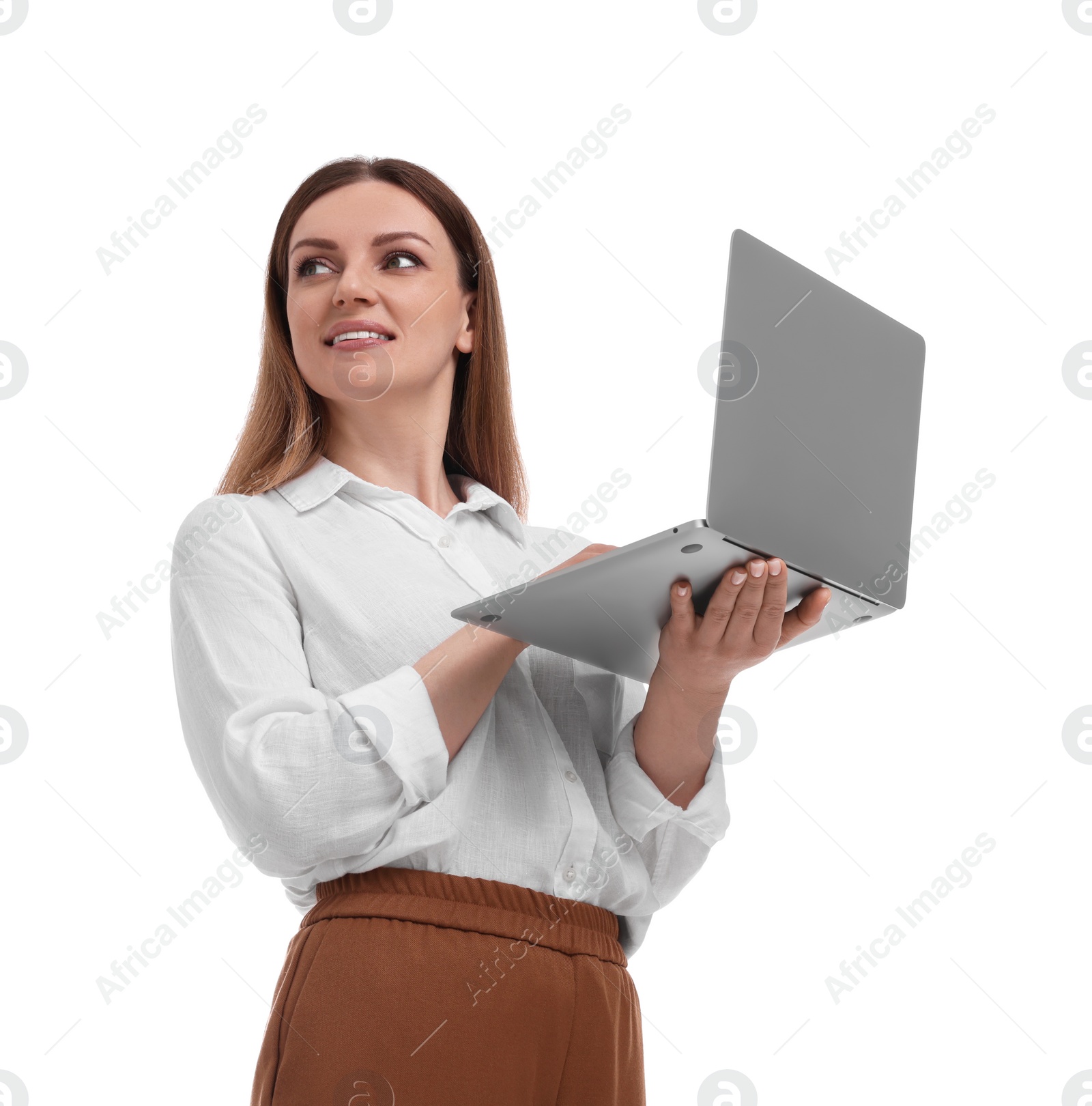 Photo of Beautiful businesswoman with laptop on white background, low angle view