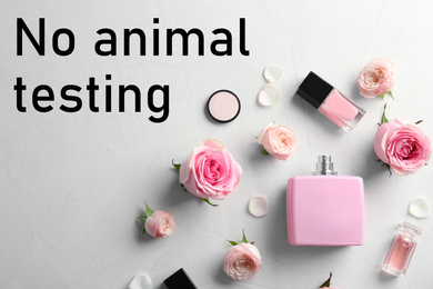Image of Cosmetic products, flowers and text NO ANIMAL TESTING on light background, flat lay