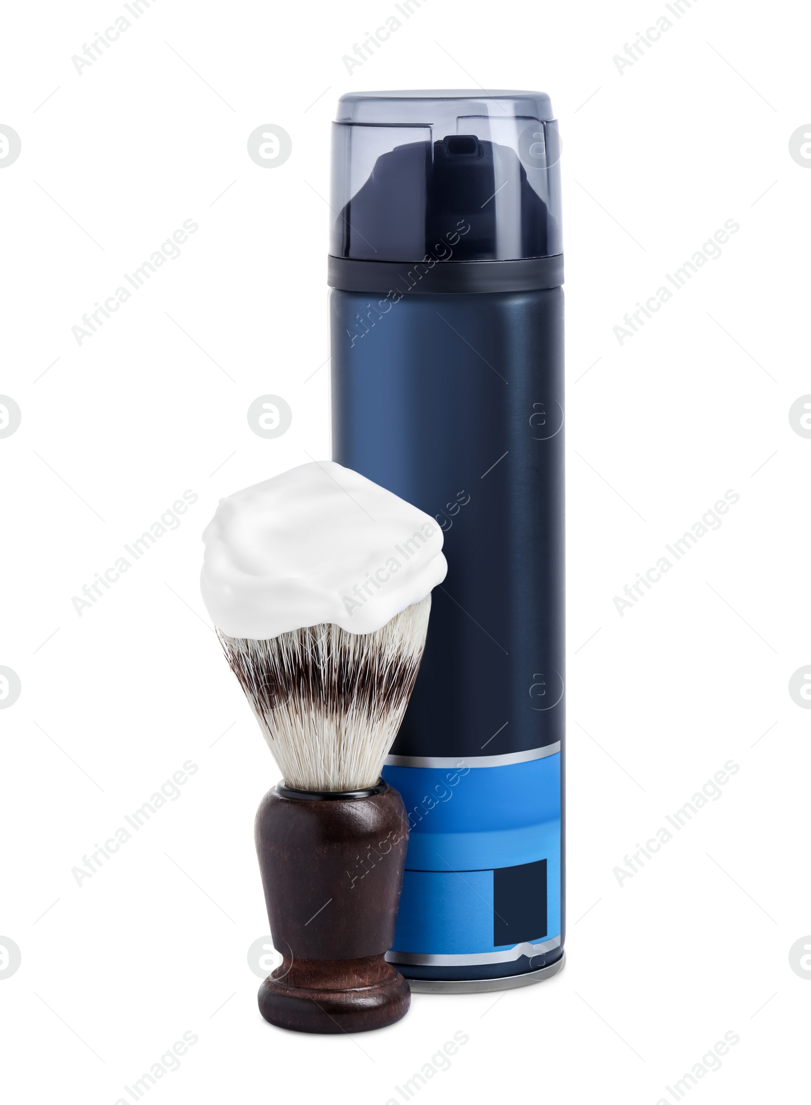 Photo of Bottle with shaving foam and brush on white background