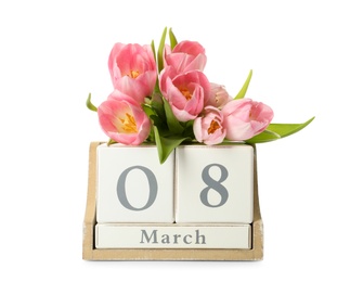 Photo of Wooden block calendar with date 8th of March and tulips on white background. International Women's Day