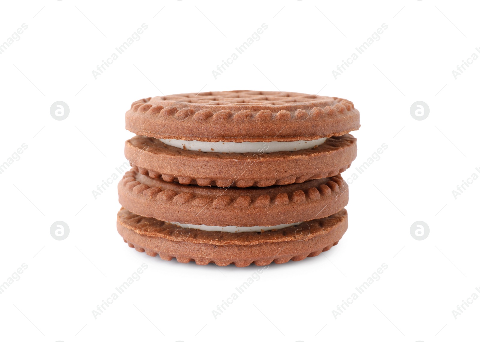 Photo of Tasty chocolate sandwich cookies with cream isolated on white