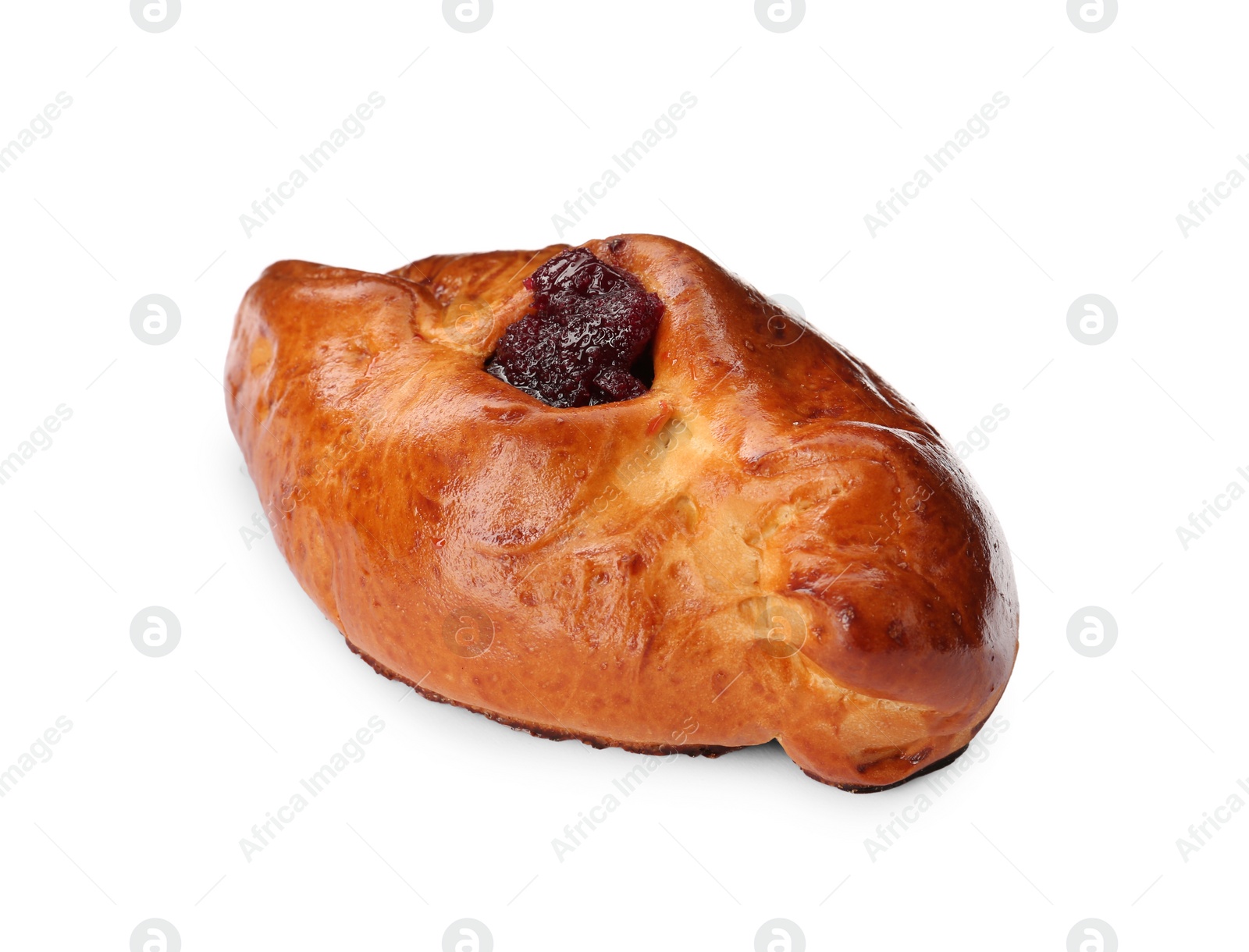 Photo of Delicious baked patty with cherry on white background