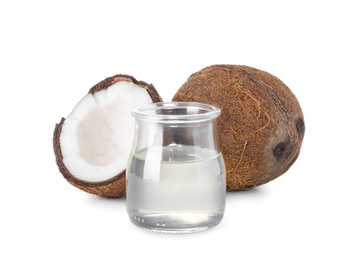 Photo of Composition with coconut and oil on white background