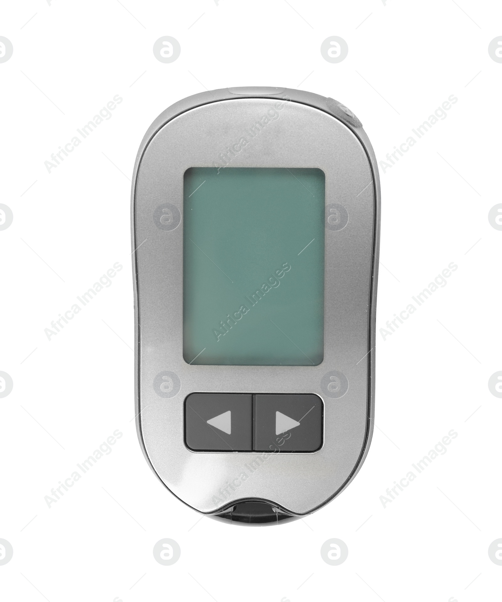 Photo of Digital glucometer on white background, top view. Medical device