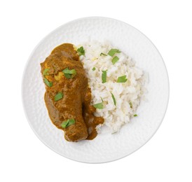 Photo of Delicious rice and chicken with curry sauce isolated on white, top view