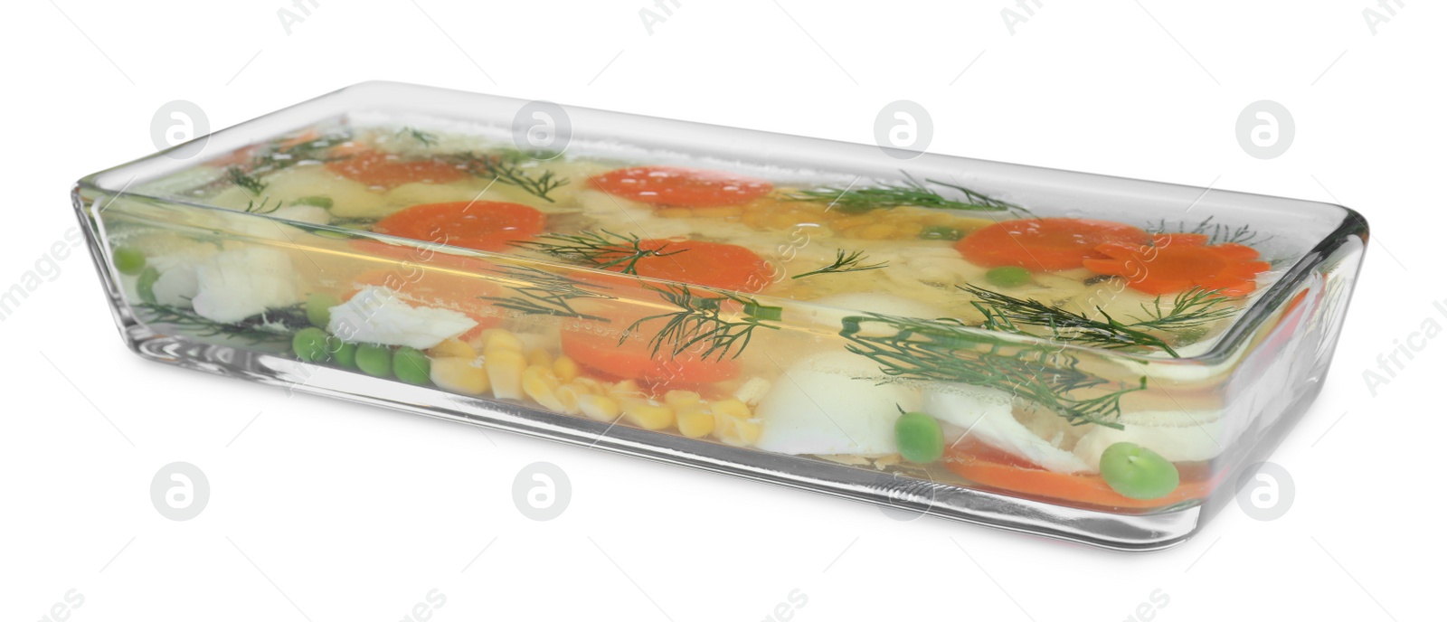 Photo of Delicious fish aspic in glass bowl isolated on white