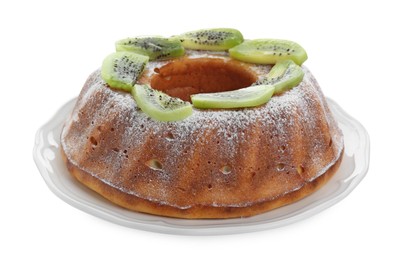 Photo of Homemade yogurt cake with kiwi and powdered sugar on white background