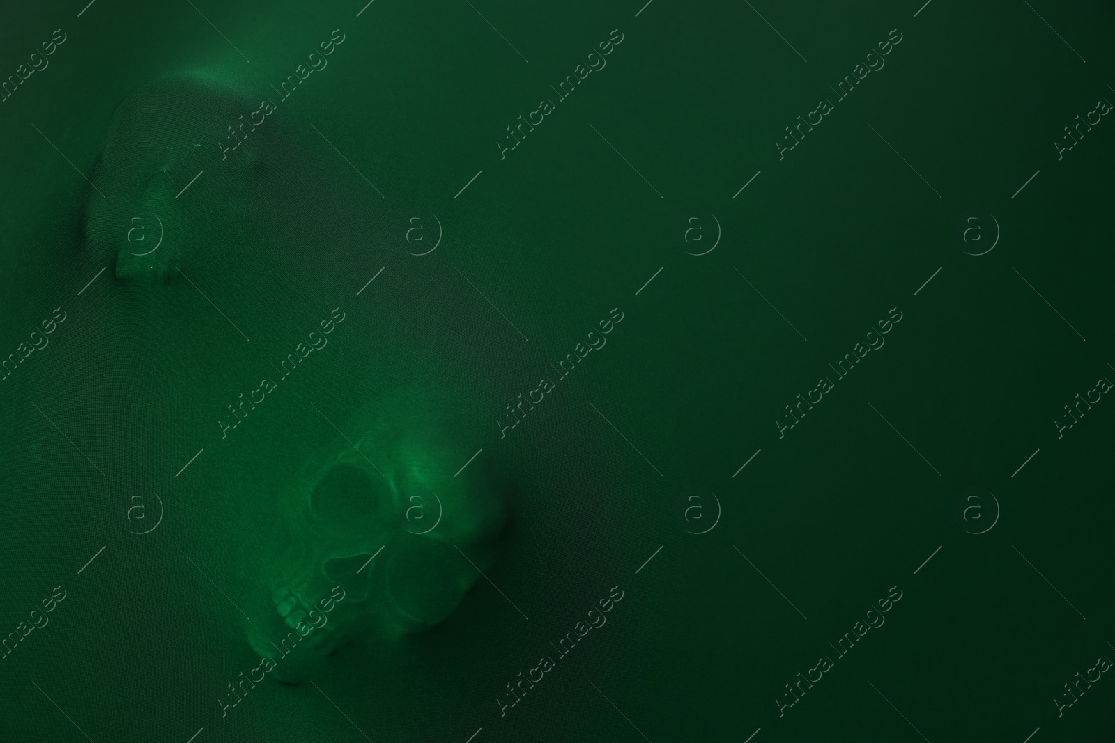 Photo of Silhouette of creepy ghost with skulls behind green cloth. Space for text