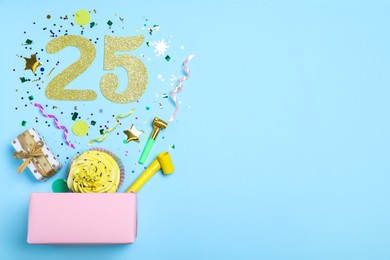 Photo of Flat lay composition with decor and numbers on light blue background, space for text. 25th birthday party