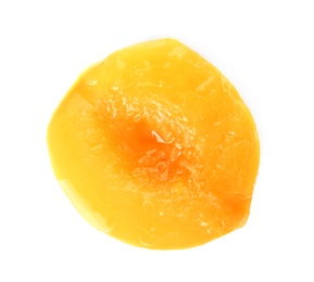 Photo of Half of canned peach on white background, top view