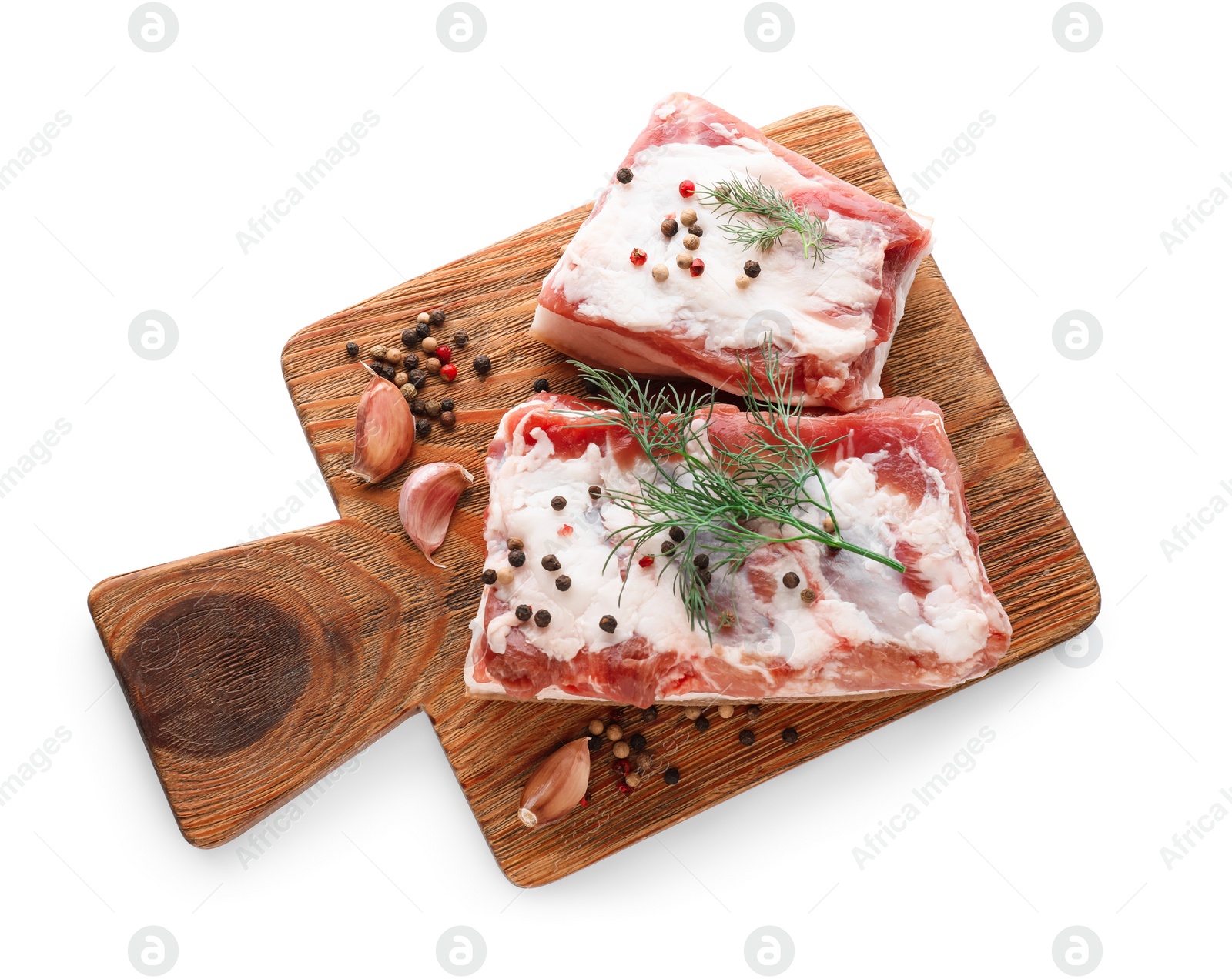 Photo of Pieces of pork fatback served with different ingredients isolated on white, top view