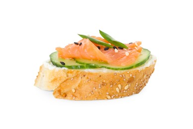 Photo of Tasty canape with salmon, cucumber and cream cheese isolated on white
