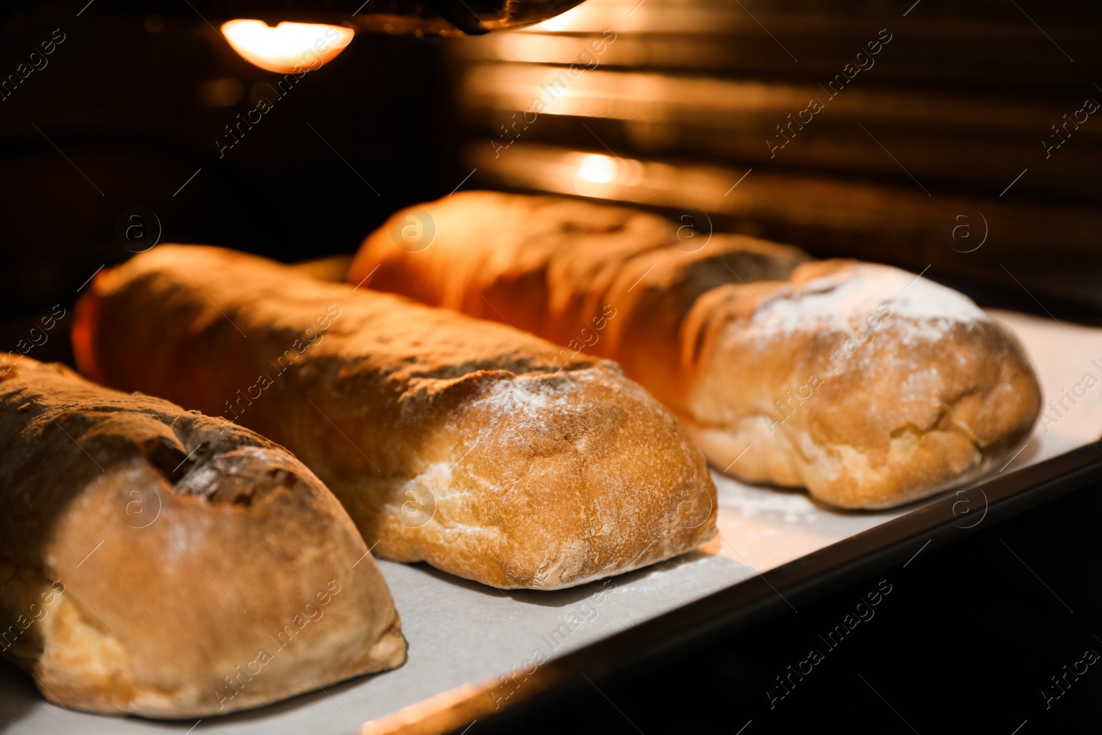 Photo of Cooking fresh crispy ciabattas in oven, closeup