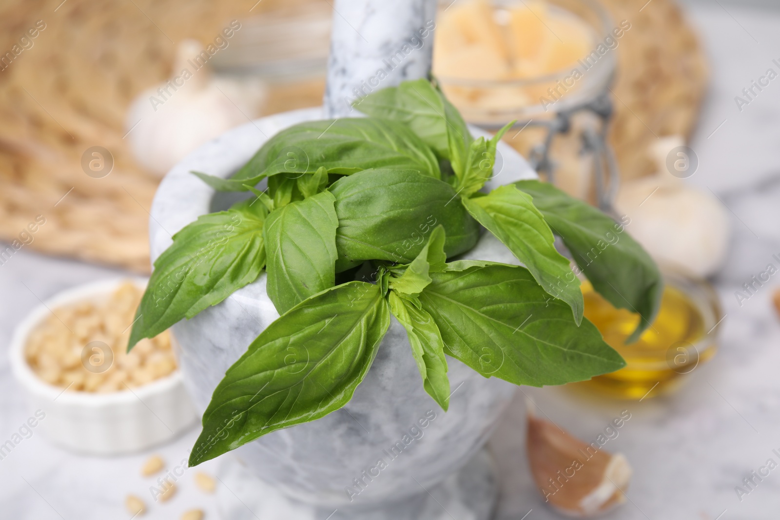 Photo of Fresh basil in mortar on table, closeup. Ingredients for pesto sauce
