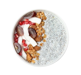 Bowl of tasty chia seed pudding on white background, top view