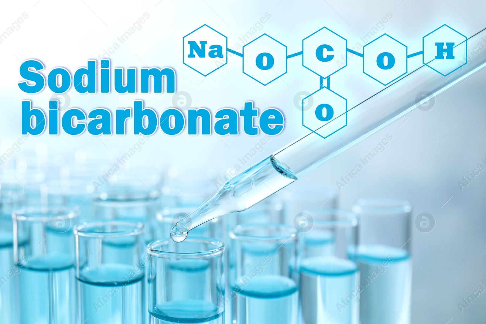 Image of Text Sodium bicarbonate with soda formula and test tubes on background