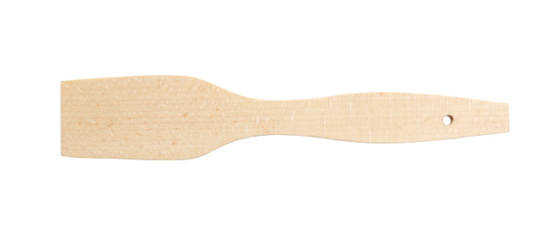 Photo of Wooden spatula isolated on white, top view. Cooking utensil