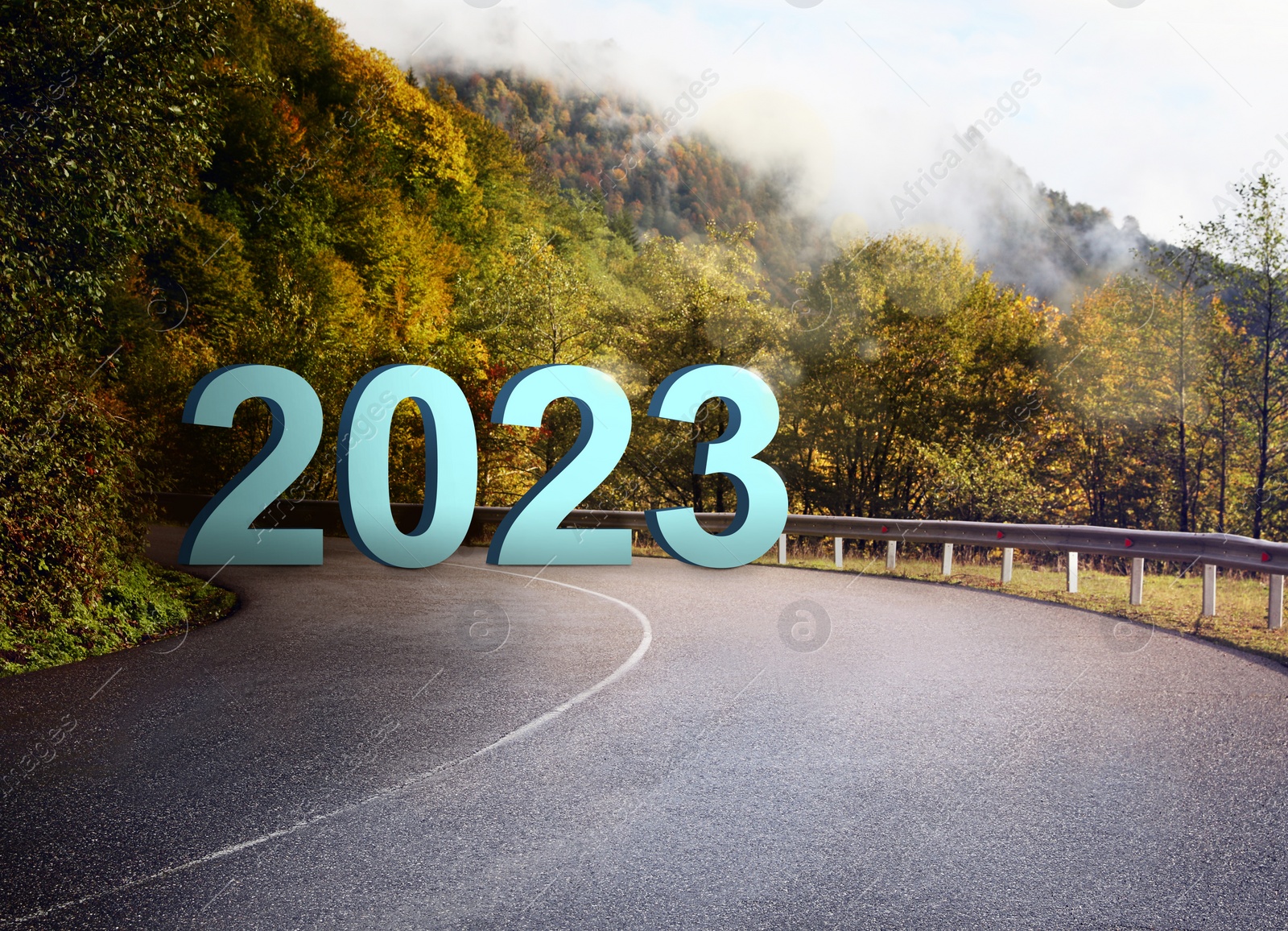 Image of Start of new 2023 year. Asphalt road leading to numbers