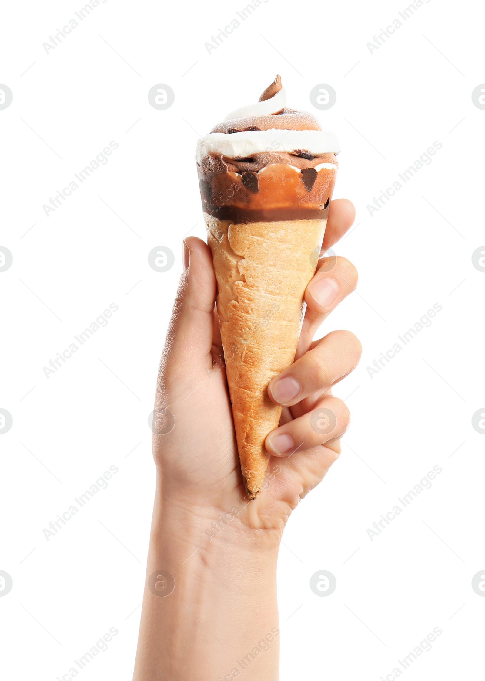 Photo of Woman holding yummy ice cream on white background. Focus on hand