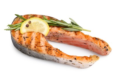 Photo of Tasty salmon steak with lemon and rosemary isolated on white