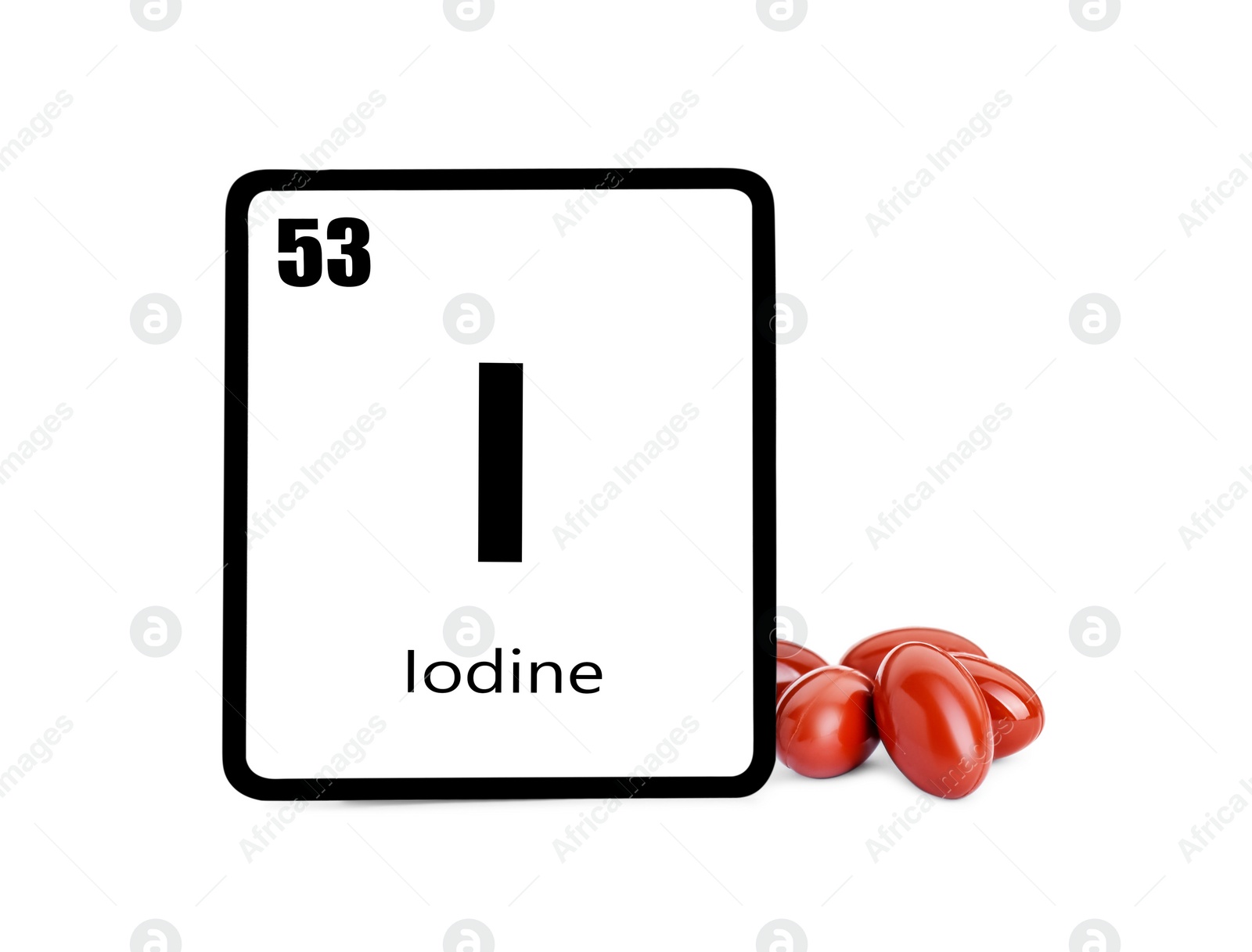 Photo of Card with iodine element and pills isolated on white