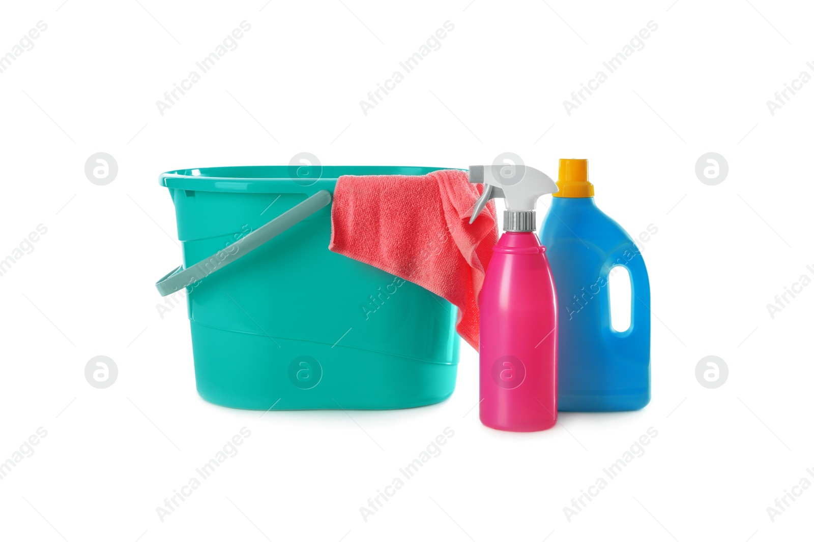 Photo of Plastic bucket with rag and cleaning products on white background